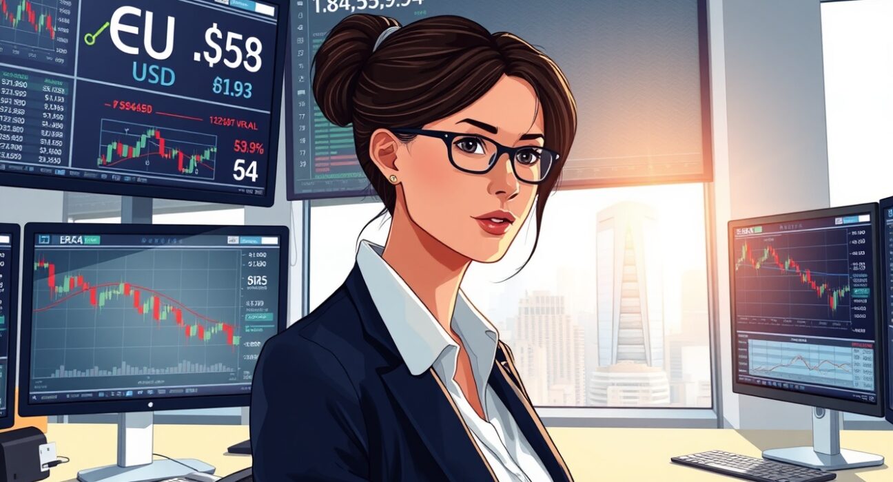 Financial analyst reviewing EUR/USD currency charts showing weakening Euro sentiment against strong Dollar