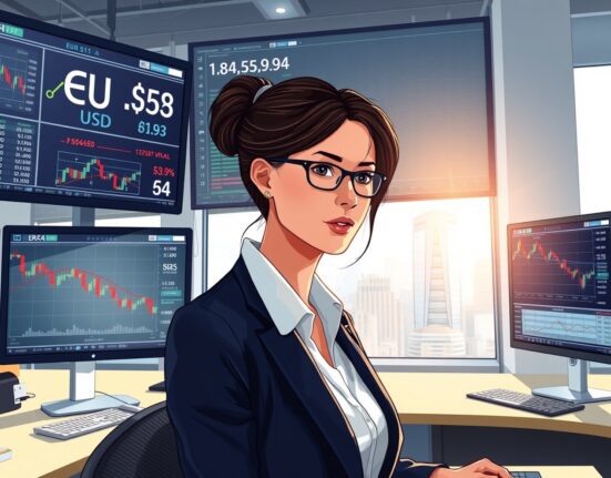 Financial analyst reviewing EUR/USD currency charts showing weakening Euro sentiment against strong Dollar