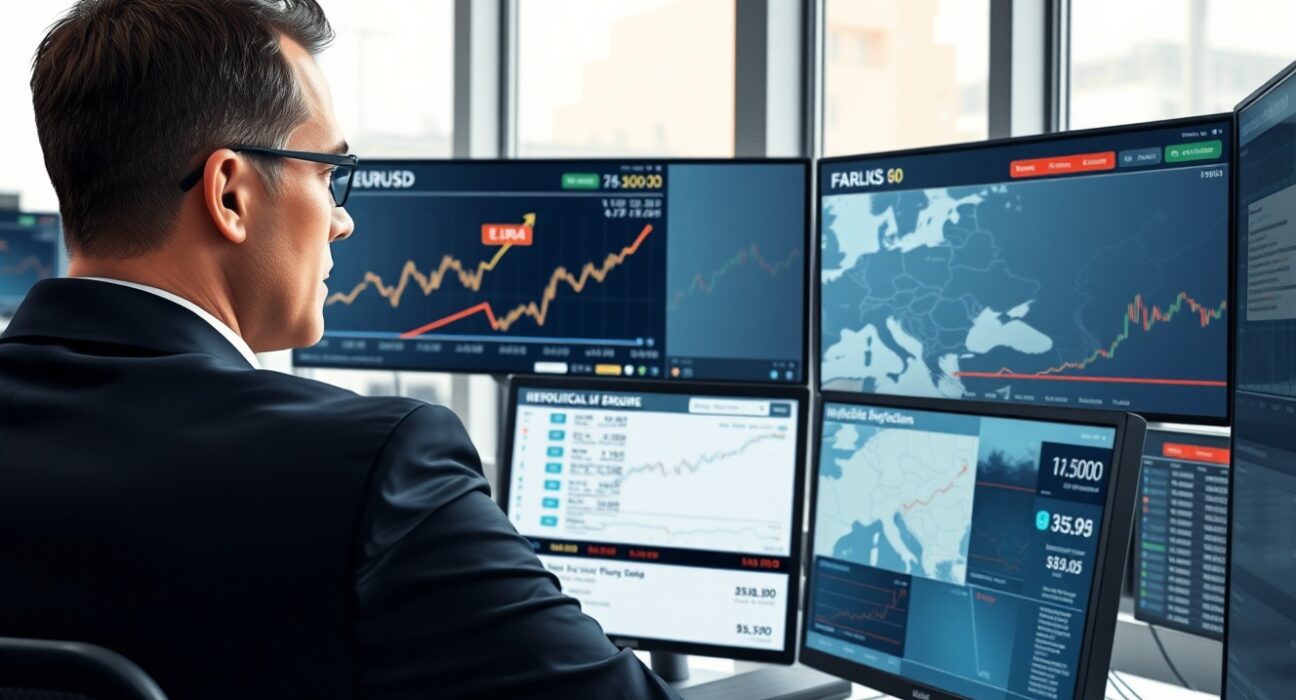 Financial analyst reviewing EUR currency support factors including economic data and geopolitical developments in trading environment