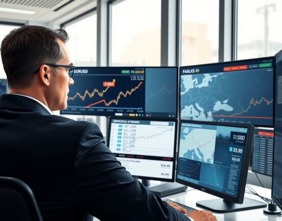 Financial analyst reviewing EUR currency support factors including economic data and geopolitical developments in trading environment