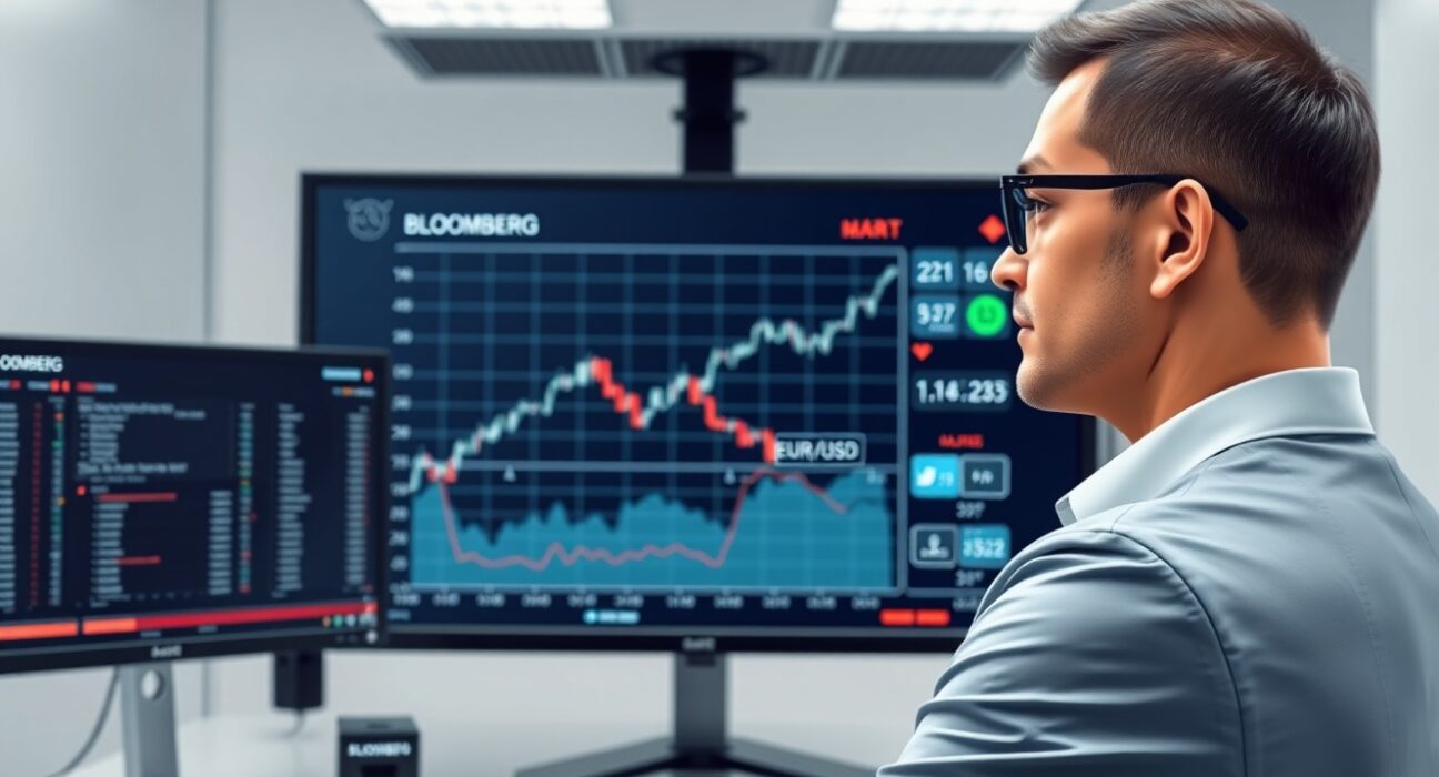 Financial analyst examines Euro exchange rate charts showing trade-weighted strength masking US