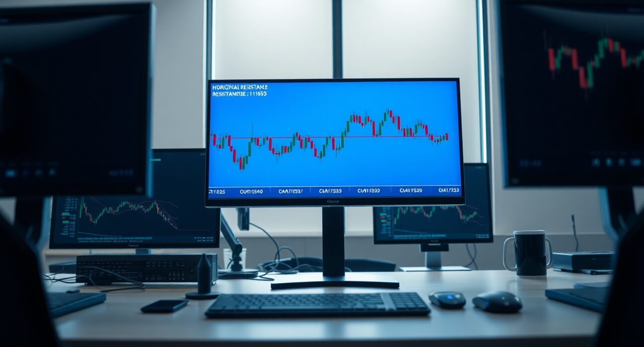 Forex trading monitors displaying EUR/USD chart with resistance at 1.1655