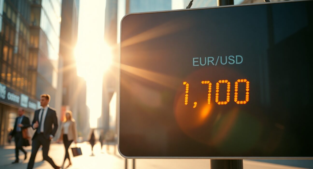 EUR/USD exchange rate board showing 1.1700 in a financial district during golden hour