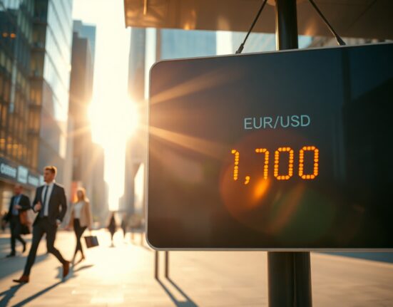 EUR/USD exchange rate board showing 1.1700 in a financial district during golden hour