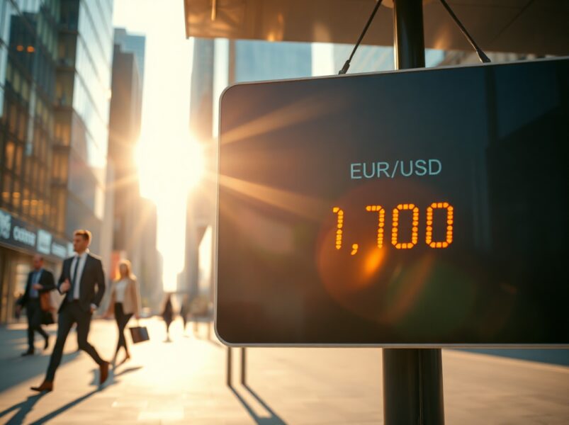 EUR/USD exchange rate board showing 1.1700 in a financial district during golden hour