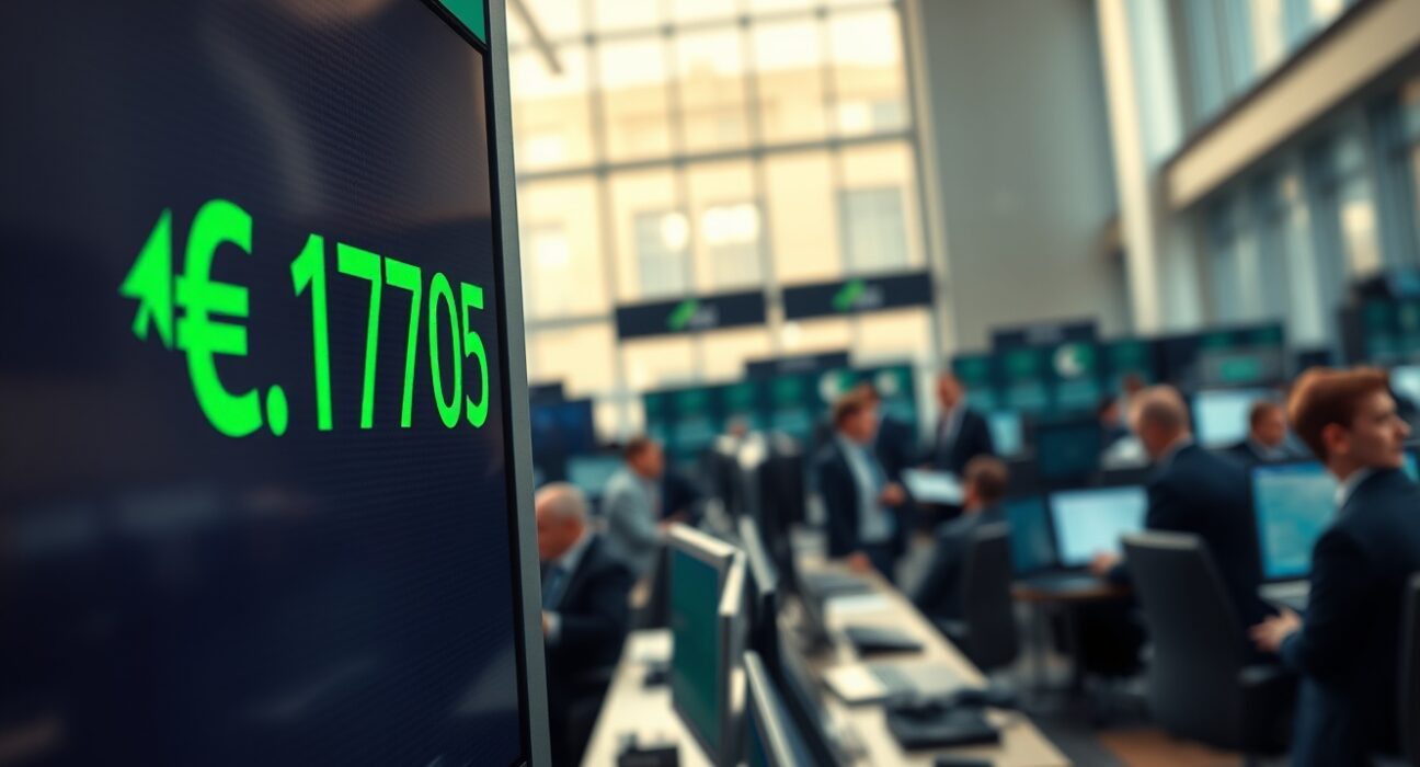 EUR/USD exchange rate board showing 1.1705 with green arrow, representing euro-dollar trading above 1.1700 after paring losses.