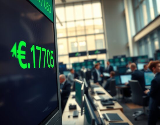 EUR/USD exchange rate board showing 1.1705 with green arrow, representing euro-dollar trading above 1.1700 after paring losses.