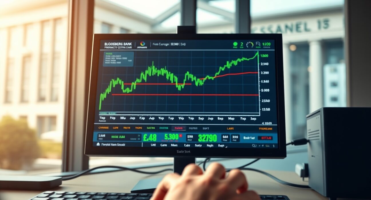 EUR/USD currency pair chart showing upward movement on trading terminal with ECB building background