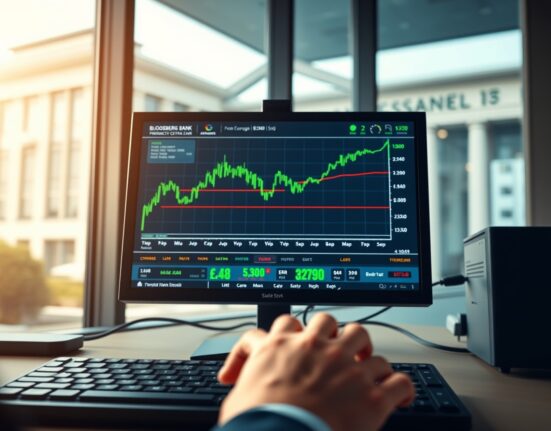 EUR/USD currency pair chart showing upward movement on trading terminal with ECB building background