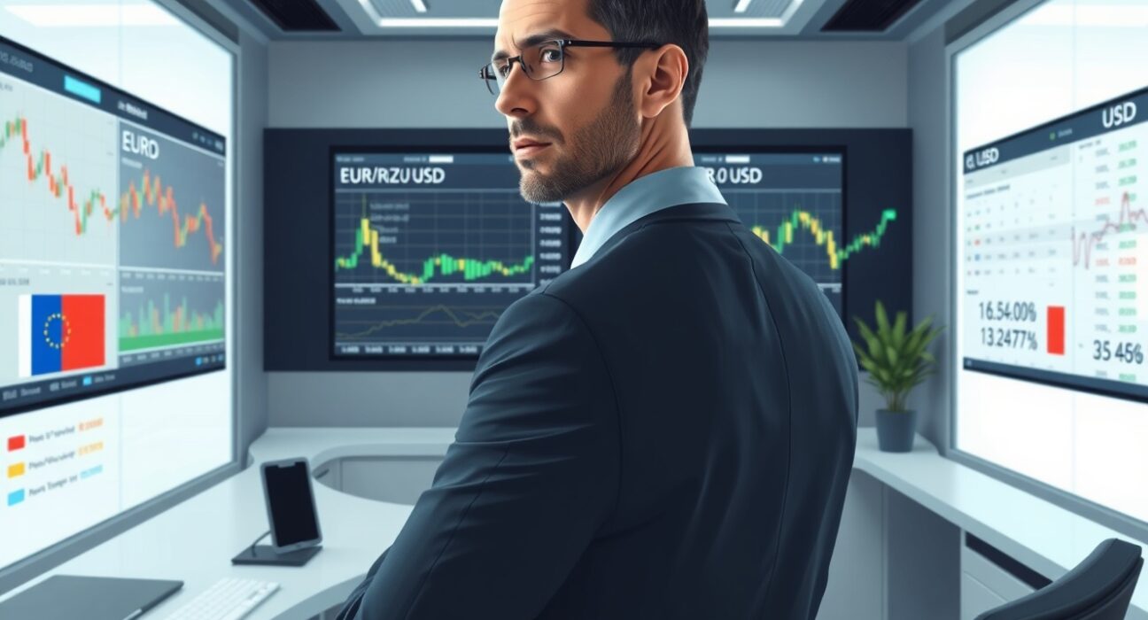 Financial analyst examining EUR/USD currency charts and ECB policy data in trading environment