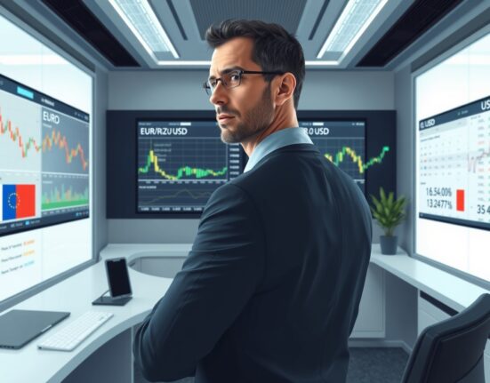 Financial analyst examining EUR/USD currency charts and ECB policy data in trading environment
