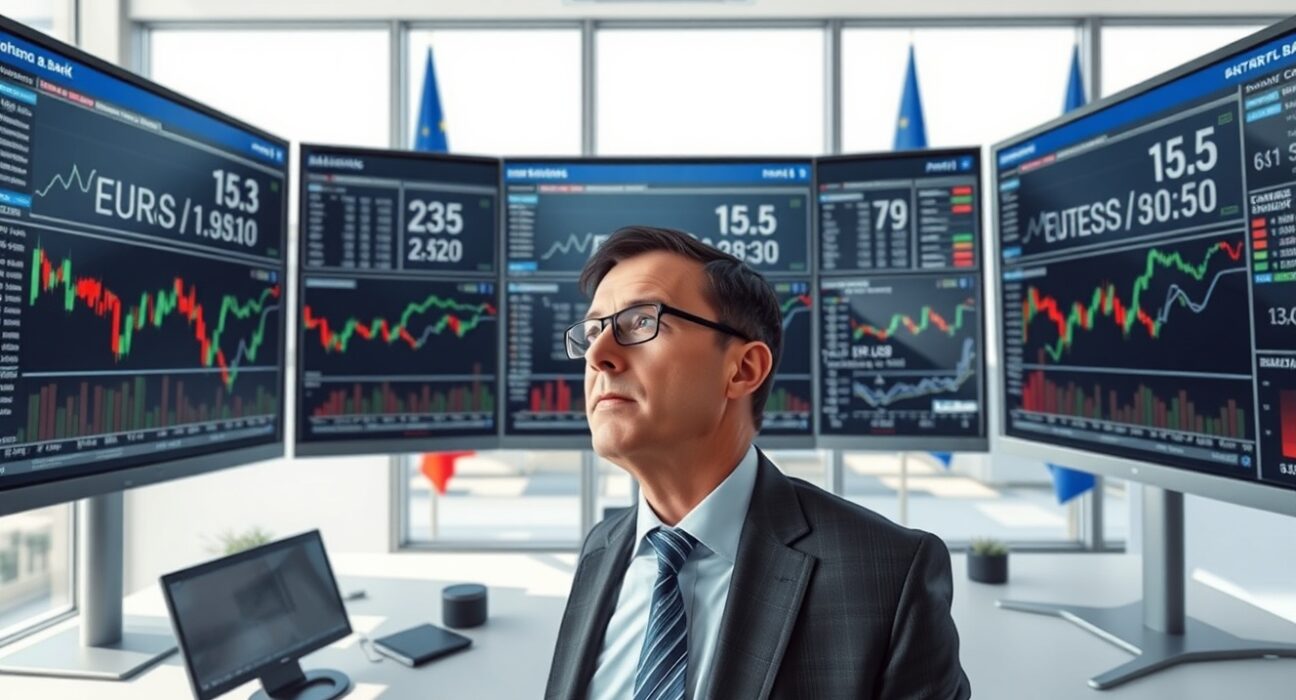Financial analyst examining EUR/USD currency charts and ECB data for April rate hike implications