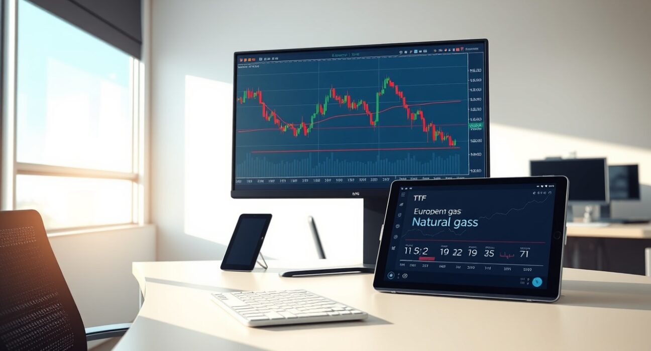 Analyst's desk with EUR/USD bearish forecast charts and energy market data on screen