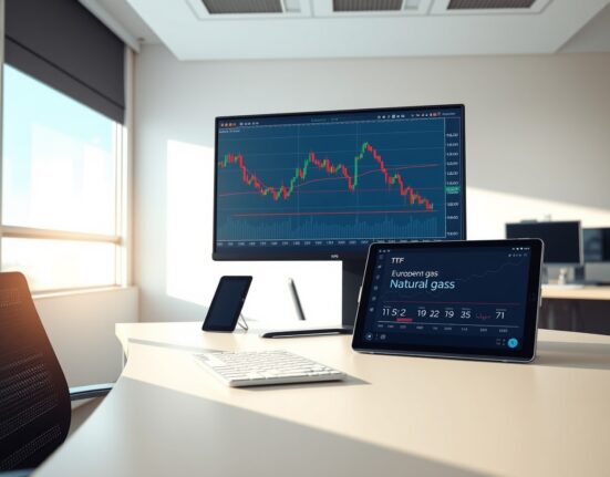 Analyst's desk with EUR/USD bearish forecast charts and energy market data on screen