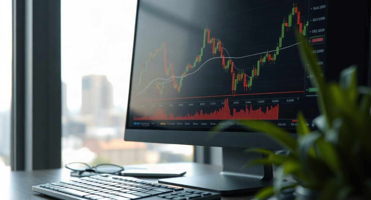 EUR/USD currency pair price chart on a trading screen in a financial office