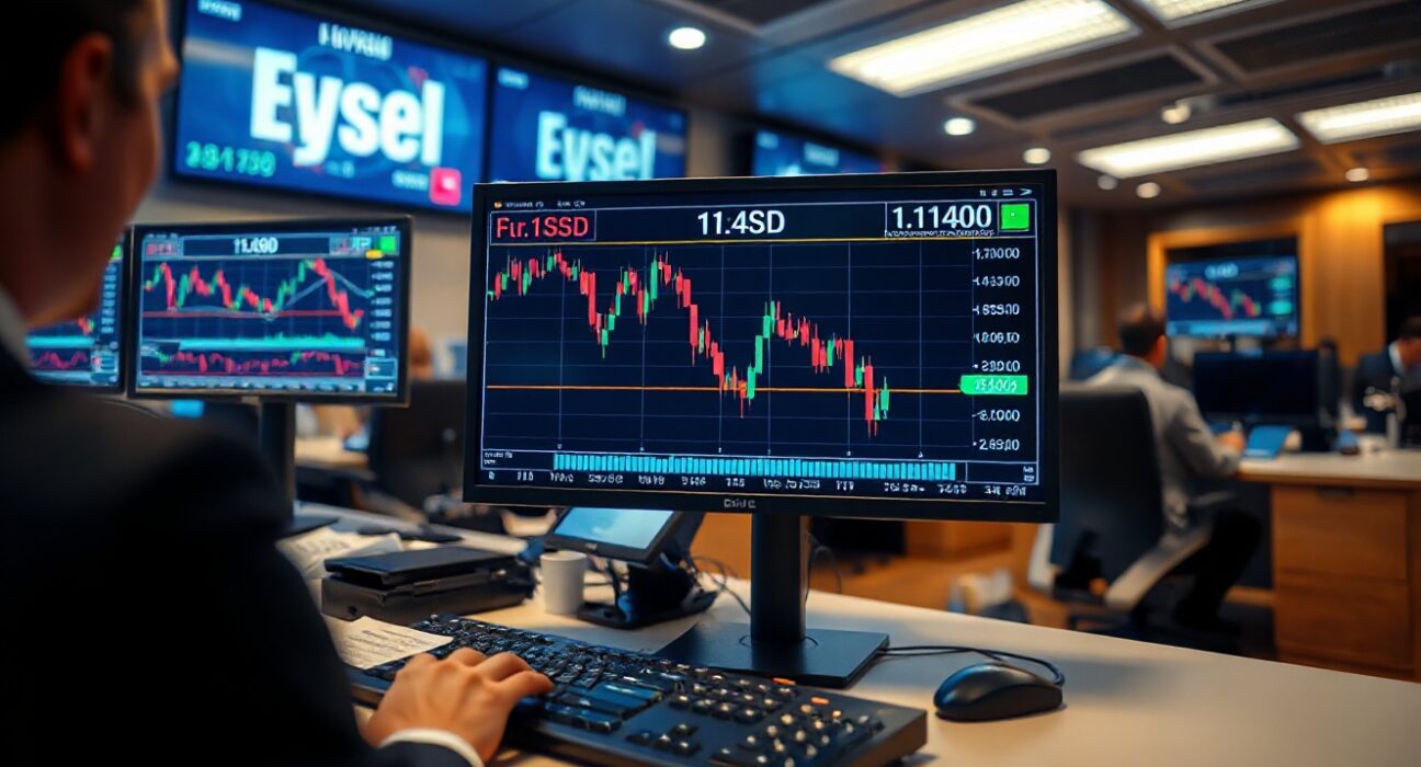 Trading desk monitors showing EUR/USD falling below 1.1400 amid dollar strength