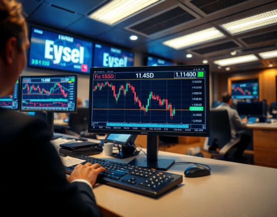 Trading desk monitors showing EUR/USD falling below 1.1400 amid dollar strength