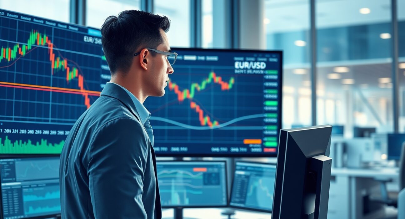 Professional trader analyzing EUR/USD forex charts on a multi-screen trading desk.