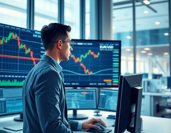 Professional trader analyzing EUR/USD forex charts on a multi-screen trading desk.