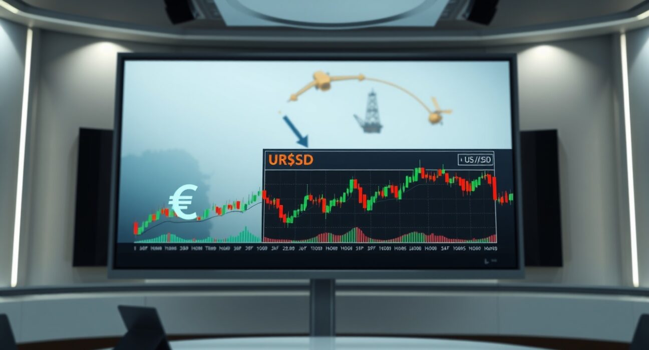 EUR/USD forex chart on screen with Gulf region map in background