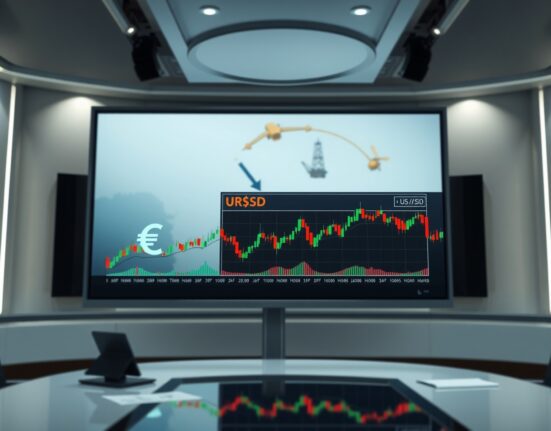 EUR/USD forex chart on screen with Gulf region map in background