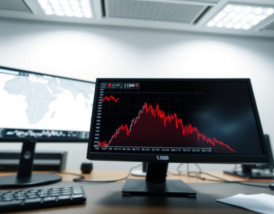 EUR/USD currency pair chart breaking below 1.1500 amid Middle East geopolitical crisis.