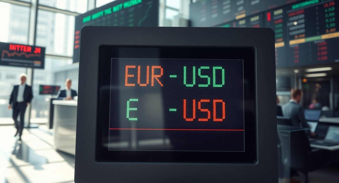 Digital currency exchange board showing fluctuating EUR/USD rates in a financial district