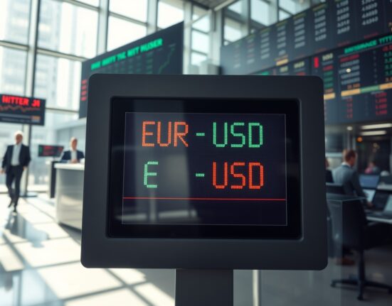 Digital currency exchange board showing fluctuating EUR/USD rates in a financial district