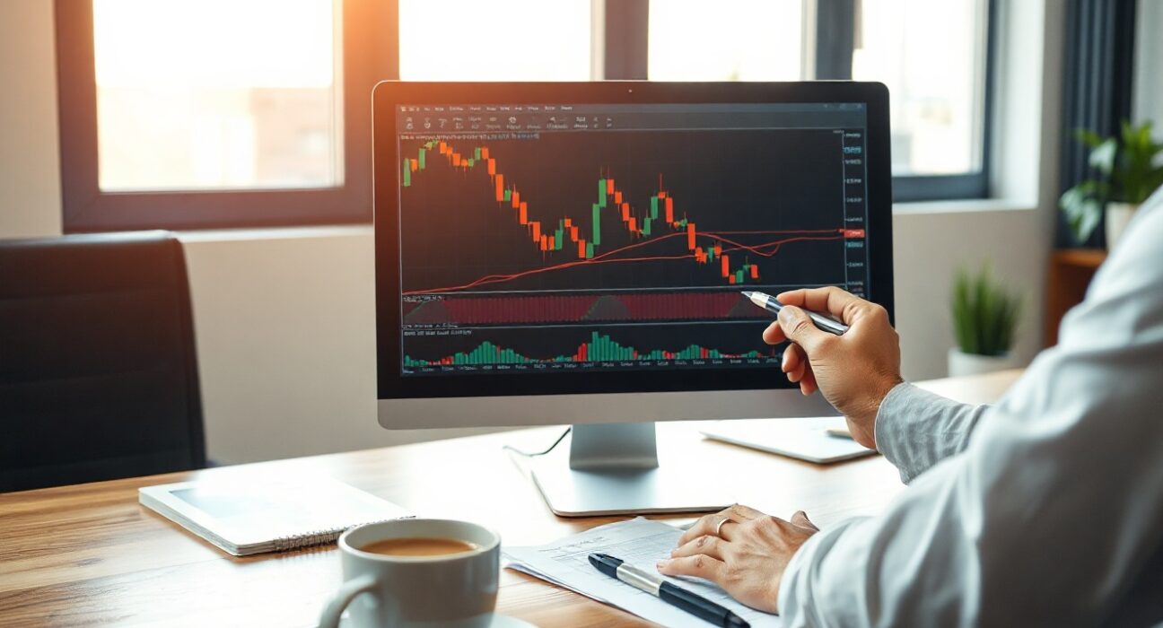 EUR/USD currency chart on a computer screen with a pen, indicating analysis