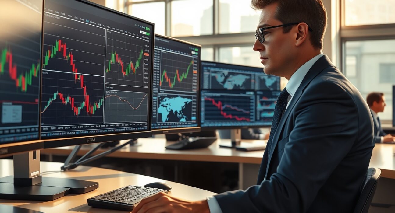 Financial analyst monitoring EUR/USD currency charts amid geopolitical conflict news affecting forex markets