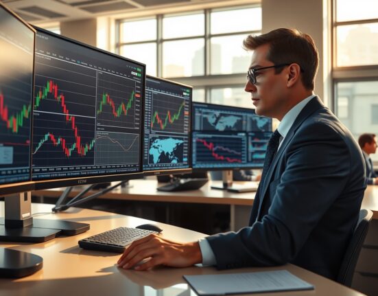 Financial analyst monitoring EUR/USD currency charts amid geopolitical conflict news affecting forex markets