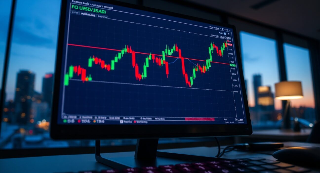 EUR/USD currency trading chart on a computer screen in a financial office, representing conflict risks and policy divergence analysis by Commerzbank.