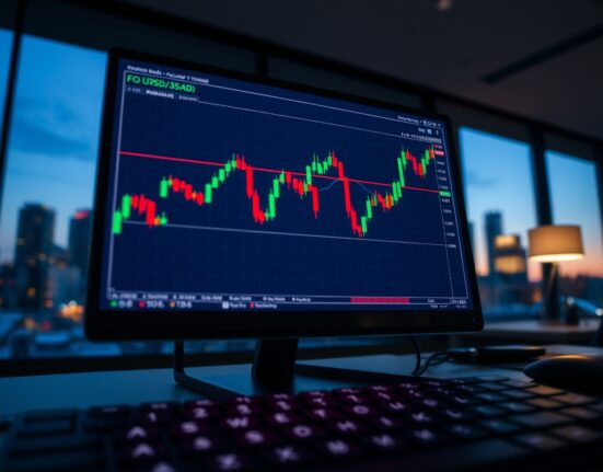 EUR/USD currency trading chart on a computer screen in a financial office, representing conflict risks and policy divergence analysis by Commerzbank.