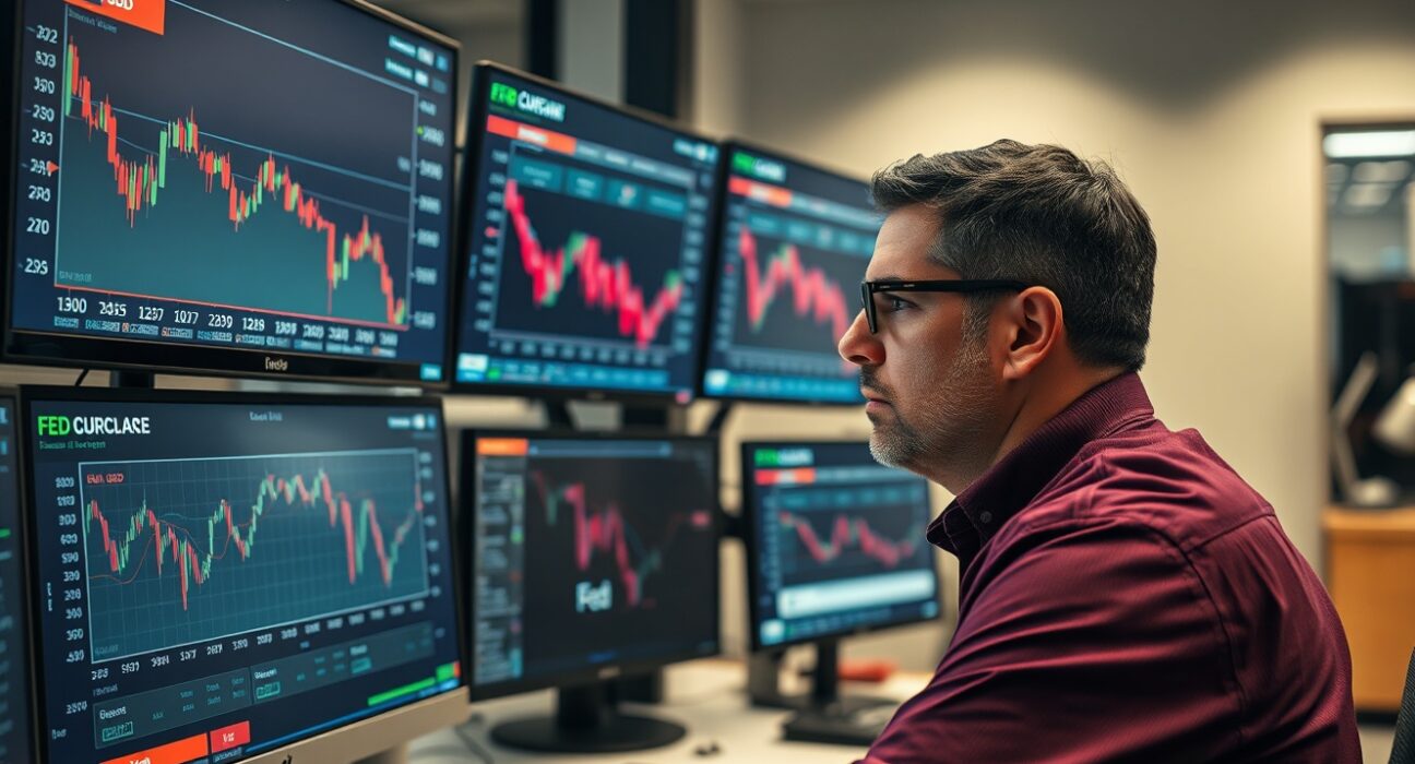 Financial analyst monitoring EUR/USD forex chart amid geopolitical tensions and Fed policy expectations