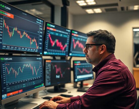 Financial analyst monitoring EUR/USD forex chart amid geopolitical tensions and Fed policy expectations