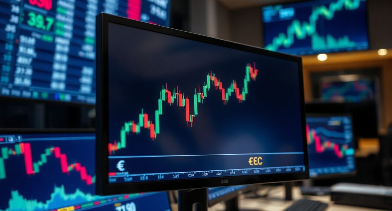 EUR/USD currency chart on trading screen with euro and dollar symbols