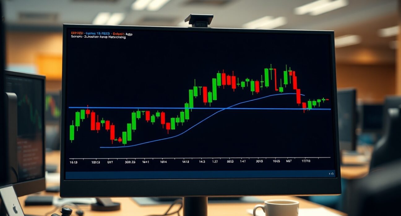 EUR/USD consolidation band chart on trading monitor with UOB forex analysis showing technical levels