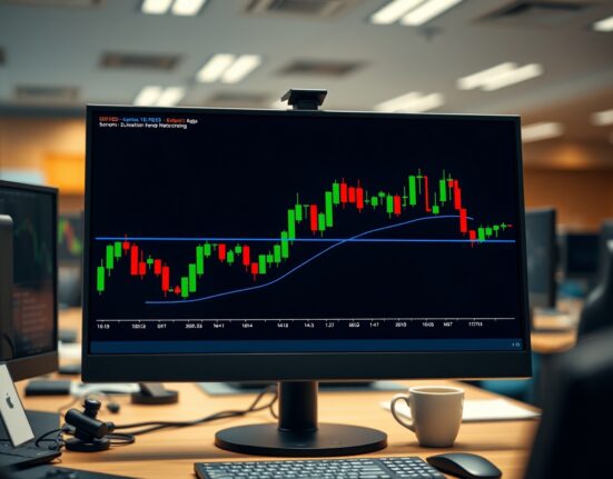 EUR/USD consolidation band chart on trading monitor with UOB forex analysis showing technical levels