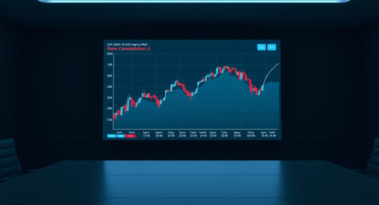 Digital trading screen showing EUR/USD chart with sideways consolidation pattern.