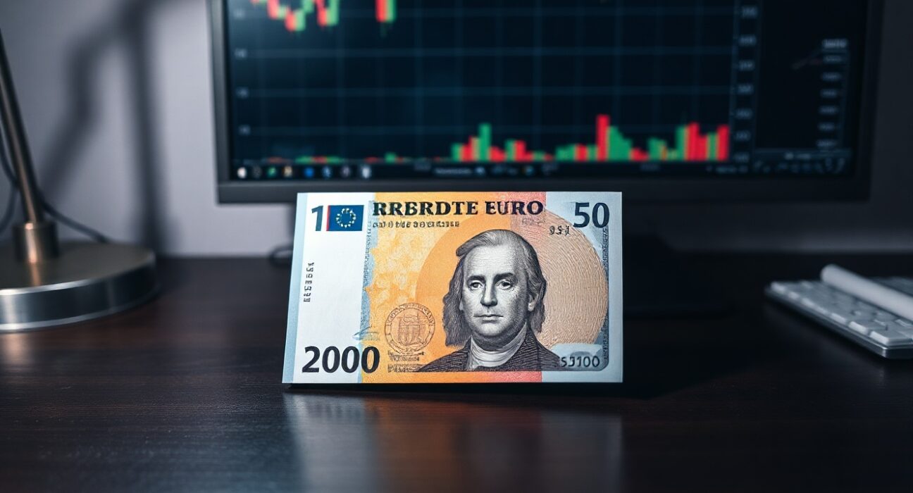 Euro and US dollar banknotes on a desk with a financial chart in the background