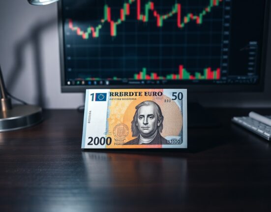 Euro and US dollar banknotes on a desk with a financial chart in the background