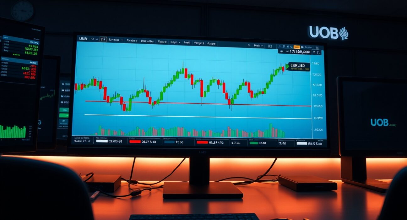 EUR/USD consolidation band guidance chart displayed on a professional forex trading monitor at a financial desk.