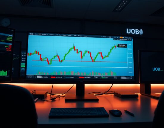 EUR/USD consolidation band guidance chart displayed on a professional forex trading monitor at a financial desk.
