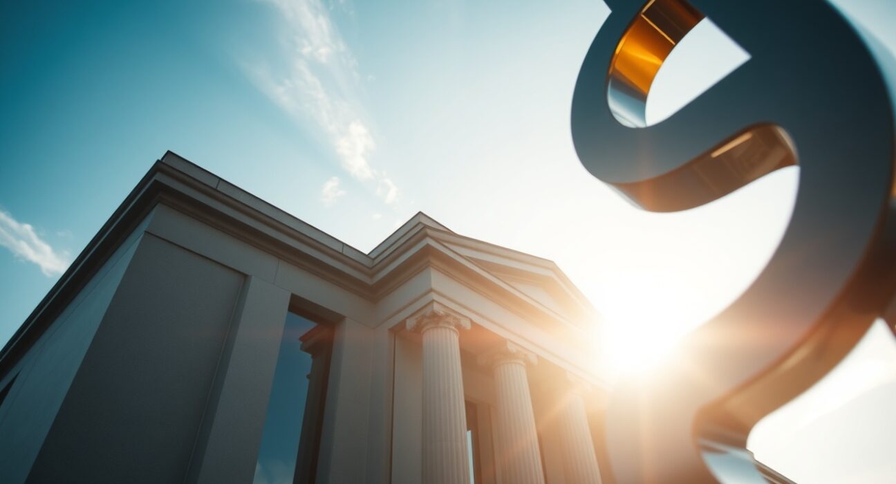 EUR/USD correction analysis: European Central Bank building in Frankfurt with euro and dollar symbols