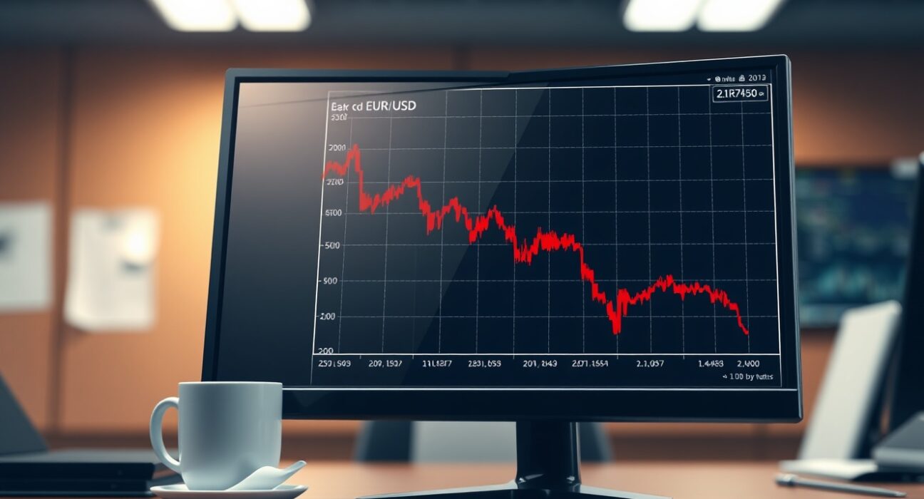 EUR/USD currency pair chart showing a sharp decline to 1.1750 on a financial trading terminal.
