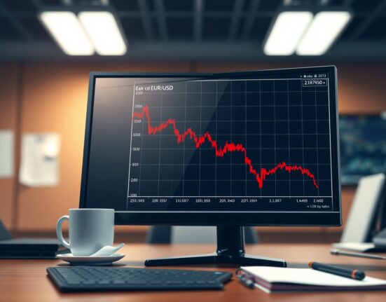 EUR/USD currency pair chart showing a sharp decline to 1.1750 on a financial trading terminal.