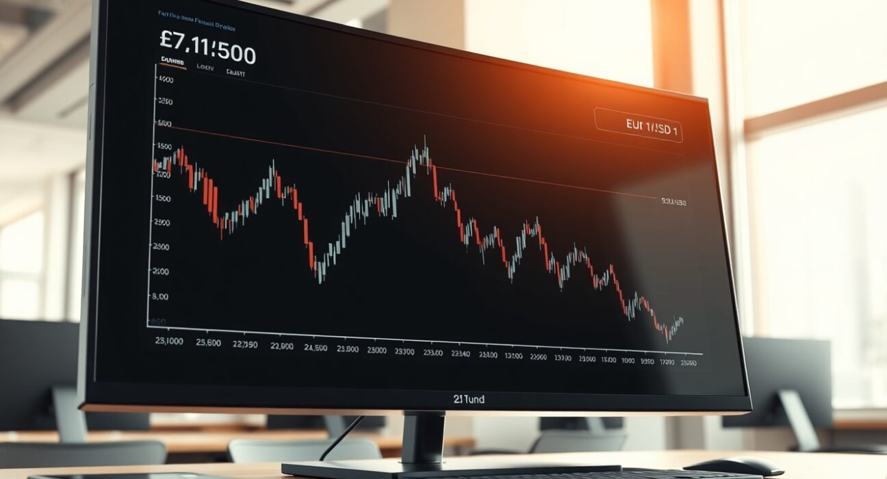 EUR/USD forex chart showing a sharp decline below the 1.1500 level on a trading desk monitor.