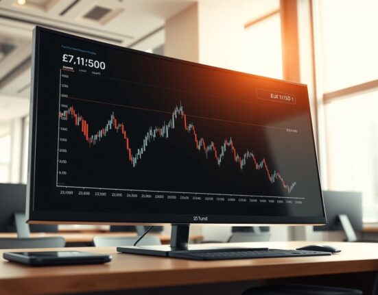 EUR/USD forex chart showing a sharp decline below the 1.1500 level on a trading desk monitor.