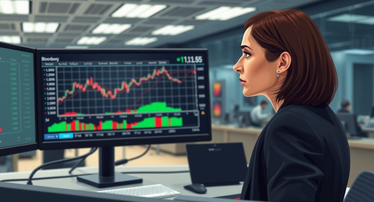 Forex trader analyzing EUR/USD surge above 1.15 on trading terminal, illustrating improved market risk sentiment.