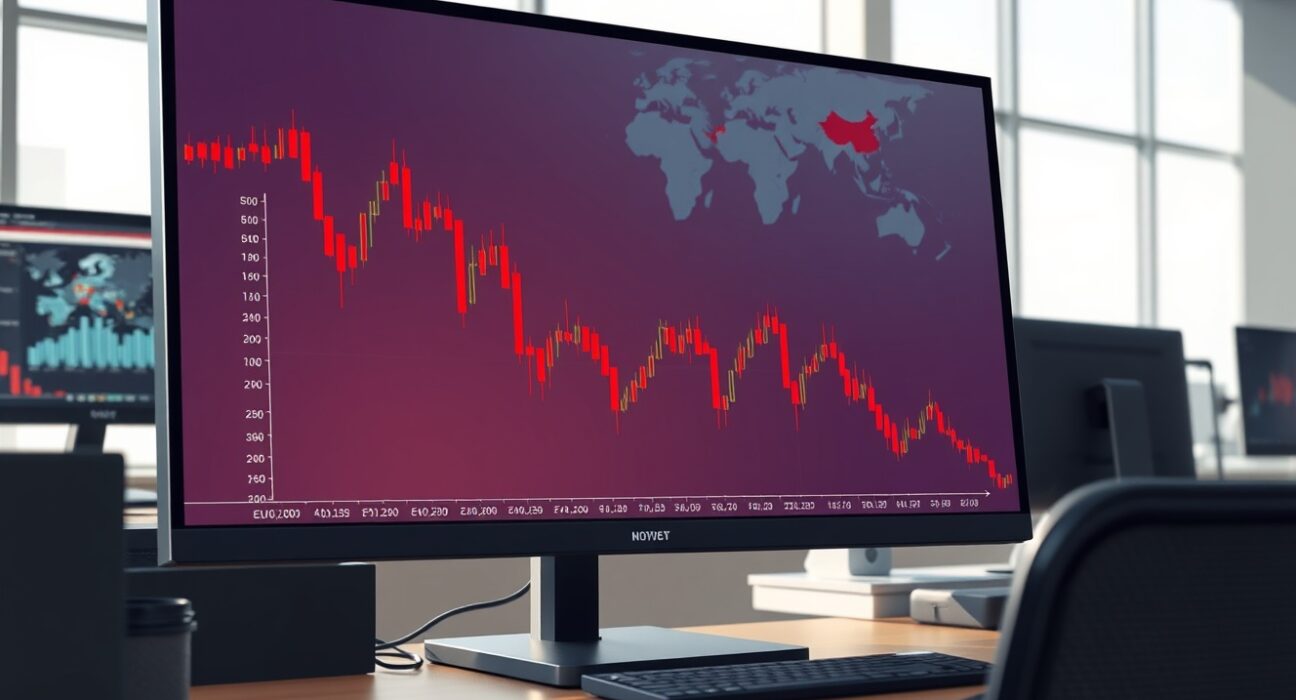 EUR/USD chart declining on a trading desk as Middle East tensions impact currency markets.